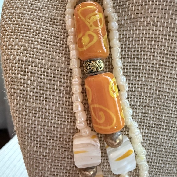 Millefiori Cube & barrel Cream Mustard Orange Art-glass & Seed Bead Necklace - Picture 10 of 14